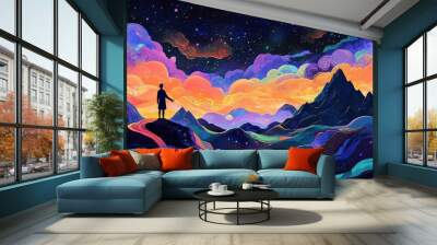 A figure in a vibrant landscape holds a detailed mountain range, symbolizing humanity's bond with nature. Wall mural