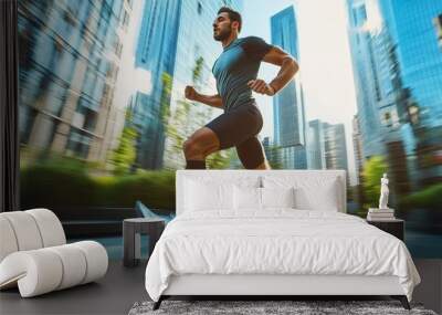 A fit young man sprints through a vibrant cityscape, showcasing his speed and determination. Wall mural