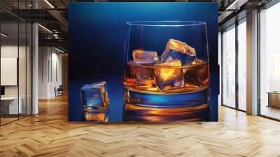 A glass of whisky with ice cubes glistens elegantly against a deep blue backdrop. Wall mural