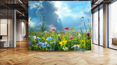 A meadow with blooming flowers after rain, sunlight casting a golden glow on dew-kissed petals, epitomizes beauty. Wall mural