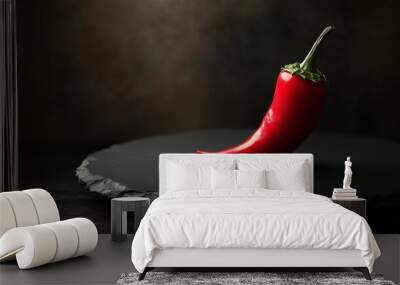 A red pimiento on a textured black plate, highlighted by soft lighting against a dark background. Wall mural