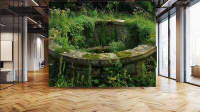 An ancient stone well, ivy-clad, sits amid vibrant herbs and wildflowers, exuding serene, untamed beauty. Wall mural