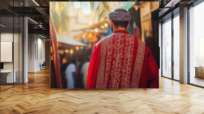 An Arab adult in a red, gold-embroidered costume stands against a vibrant marketplace backdrop. Wall mural