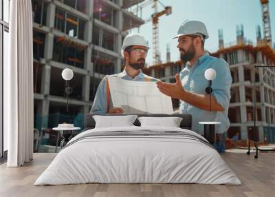 An architect and engineer discuss blueprints and timelines at a busy construction site. Wall mural