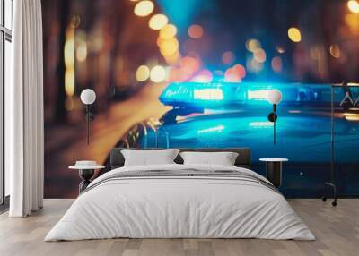 Blue police lights in high-res image evoke crime control urgency. Wall mural