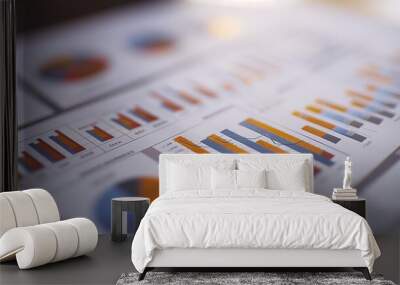 Close-up of a financial report with graphs, charts, and key indicators for insights into performance. Wall mural