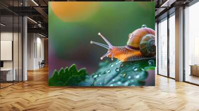 Close-up of a snail crawling on a vibrant green leaf, leaving a shimmering trail behind. Wall mural