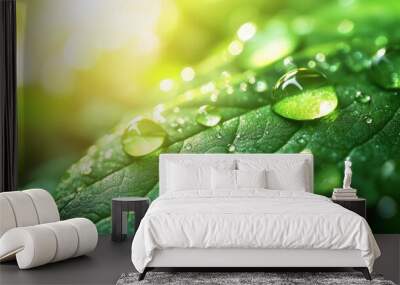 Close-up of water droplets on a green leaf, reflecting surroundings in a sparkling, serene setting. Wall mural