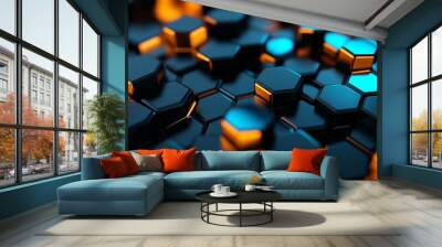 Explore a dynamic 3D design of interlocking black, blue, and orange hexagons for tech themes. Wall mural