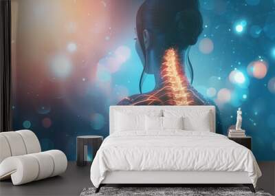 Illustration of a woman's back highlights a glowing spine, stressing spinal health and common stress points. Wall mural