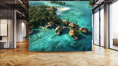 Luxury island resort with overwater bungalows, turquoise lagoons, and white sands. Wall mural