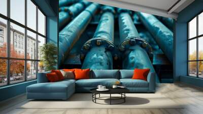 Metal pipes lined up neatly for construction use. Wall mural