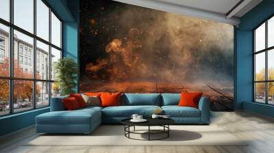 Smoke fumes at the edges of a wooden table with fire particles and sparks on a dark background. Copy space. Wall mural