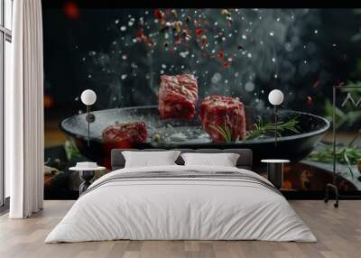 Two striploin steaks of marbled beef collide in mid-air in slow motion. Droplets of hot oil, rosemary, and garlic hover above an extremely hot grill pan against a dark background. Realistic. Wall mural