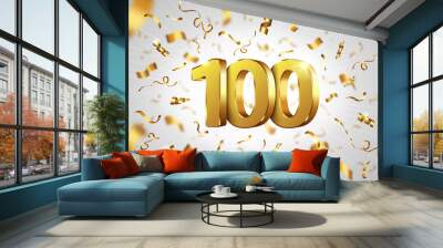 100 year anniversary celebration, realistic vector. White background with 3D gold metal numbers and falling shining golden spiral confetti. Festive banner for birthday, wedding party or Christmas sale Wall mural