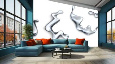 3d liquid chrome shape, abstract y2k metal object. Fluid graphic element set. Modern trendy mercury blob form collection. Aesthetic platinum reflective decoration. Realistic minimalism drop paint Wall mural