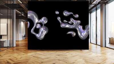 3d metal chrome liquid y2k shape object vector. Isolated hologram mercury fluid blob element. Futuristic aesthetic wavy and glossy drop. Creative holographic iridescent decoration asset collection Wall mural