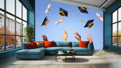 3d render alumni hands throw graduation caps and diploma in air. University ceremony end of education concept with students celebrate success with hats and certificates, Illustration in plastic style Wall mural