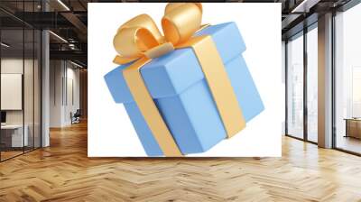 3D render blue gift box with gold ribbon, Isolated package with glossy bow. Holiday present, bonus, prize, birthday, christmas, new year or wedding surprise, Illustration in cartoon plastic style Wall mural