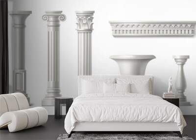 3d roman column. White greek marble pillar vector. Rome temple architecture isolated realistic sculpture art design. Doric colonnade and ornate baluster render decoration. Baroque italian pilar Wall mural