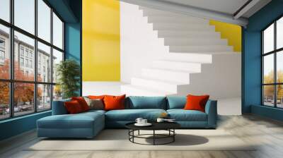 3d vector room with stairs, yellow wall background. Minimal geometric realistic pedestal with staircase for product. Perspective view layout with platform, light from window. Minimalist presentation Wall mural