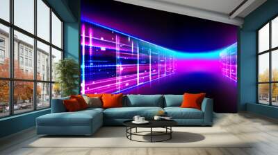 Abstract data center room with bright neon blue and pink light glowing server blocks. Realistic 3d vector illustration of tunnel with digital information and database warehouse super computer. Wall mural