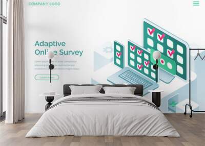 Adaptive online survey isometric landing page. Checklist questionnaire form with check marks on digital devices mobile phone, laptop and pc screens, quiz, customer feedback, exam 3d vector web banner Wall mural