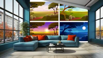 African savannah landscape at night, morning, day and evening time. Wild nature of Africa cartoon backgrounds set with trees, rocks and plain grassland field. Kenya panoramic scene Vector illustration Wall mural