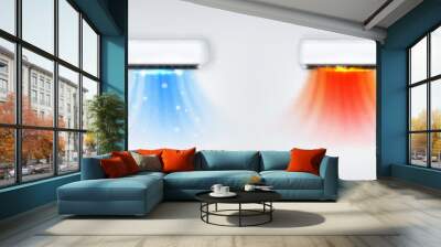 Air conditioners with flows of cold, hot and fresh clean air. Split system, cooler or purifier with blowing wind with snowflakes and leaves, vector realistic illustration Wall mural