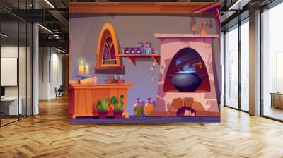 Alchemist, witch or wizard room with books, potions, candles and cauldron in stove. Magician laboratory or alchemy shop interior with flasks and bottles on shelves, vector cartoon illustration Wall mural