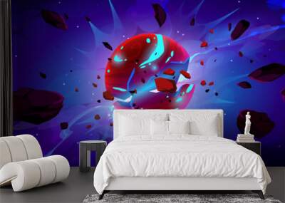 Alien planet exploding in space, futuristic landscape with glowing sphere burst and rock pieces flying out in dark starry sky. Cartoon fantasy background, parallax game scene, Vector illustration Wall mural