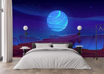 Alien planet surface, futuristic landscape background with glowing moon or satellite above rock cliff in dark starry sky. Fantasy mountains, book or computer game scene, Cartoon vector illustration Wall mural