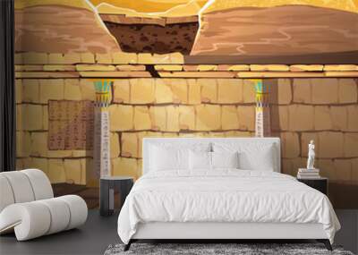 Ancient Egypth, lost looted tomb of pharaoh or abandoned temple interior, underground cartoon vector. Archeological excavations, treasures hunting concept. Desert, dug sand and sunbeam in empty crypt Wall mural