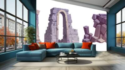 Ancient ruin vector set. Old Atlantis city temple building pillar and arch. Broken and abandoned antique Greek monument design. Destruction stone column for garden or museum of Rome civilization. Wall mural