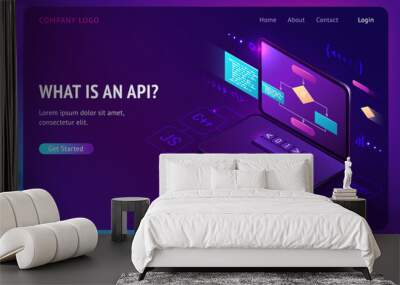 Api application programming interface isometric landing page, software development tool, information technology, programming languages on laptop screen, digital AI tech concept, 3d vector web banner Wall mural