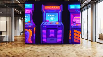 Arcade game machines set isolated on black background. Vector cartoon illustration of retro computer gaming cabinet with buttons, joystick console, coin slots, menu options text on neon display Wall mural