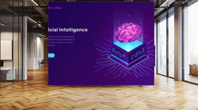 Artificial intelligence or ai isometric concept vector illustration. Virtual human brain over luminous server and connections, future technology icons isolated on ultraviolet banner Wall mural