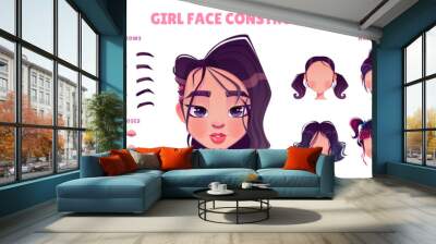 Asian girl face constructor set isolated on white background. Vector cartoon illustration of young woman hairstyles, eyes, lips, brows and noses. Female game character or avatar design elements Wall mural