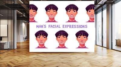 Asian man face, japanese or chinese character with sad, happy and angry emotions. Korean boy avatar with different facial expression isolated on white background, vector cartoon set Wall mural