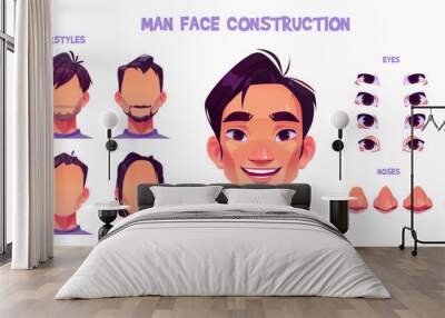 Asian man face construction cartoon set isolated on white background. Vector illustration of different male character eyes, nose, mouth, hairstyle for avatar creation. Game design elements Wall mural