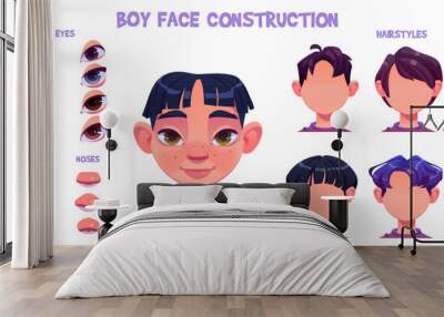 Asian teen boy face construction set isolated on white background. Vector cartoon illustration of male avatar head, hairstyles collection, pack of lips with different emotions, eyes, brows and noses Wall mural