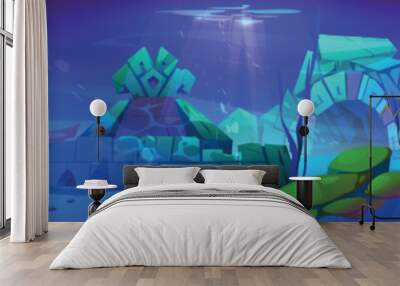 Atlantic underwater ocean game cartoon background of ruin. Undersea world cartoon adventure. Abandoned portal in aquarium on bottom. Fantasy artifact to explore. Nautical mysterious landscape. Wall mural