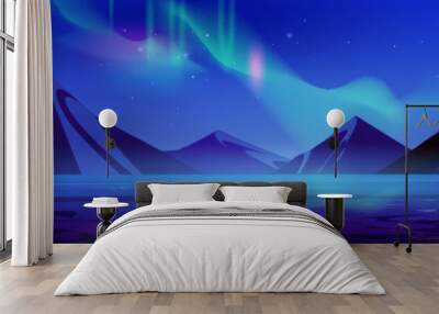 Aurora light in sky mountain sea view background. Night northern vector landscape illustration with abstract borealis gradient scenery for game. Dark north polar adventure scene with lake under boreal Wall mural