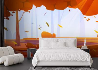 Autumn forest landscape with orange trees and bushes. Vector cartoon illustration of panoramic scene of fall woods, garden or park with plants, falling leaves, path and glade Wall mural