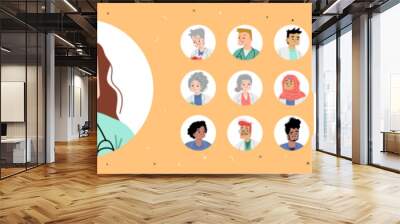 Avatars of doctors, nurses, healthcare staff. Diverse people hospital medical workers, professional medic characters portraits in circle frame, vector flat illustration Wall mural