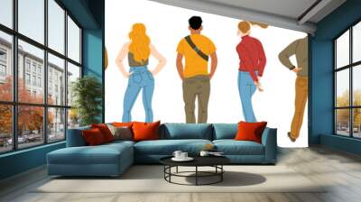 Back view of young people standing in row on white background. Flat male, female characters behind collection. Students in casual clothes, woman pointing finger, man with hands on belt, couple hugging Wall mural