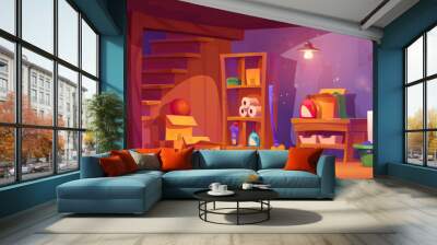 Basement room interior with laundry equipment. Cartoon vector house cellar inside with wooden stairs, washing and dryer machine, wood rack with storage boxes and detergent bottles, clothes in basket. Wall mural