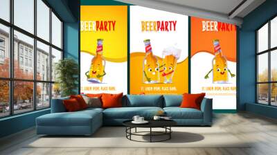 Beer party flyers with funny bottle and glass characters. Vector posters of event with brewery drinks in pub, bar of restaurant with cartoon illustration of cute lager pint hug with mug of beer Wall mural