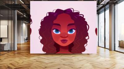 Black girl avatars, young female characters faces. African american women with curly hair, brown, blue or green eyes. portraits for social networks or user web profiles, Cartoon vector illustration Wall mural