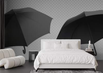 Black umbrella mockup. Realistic isolated open parasol view template for branding. Mock up design for rain weather protection object. Outdoor accessory advertising or presentation for autumn season Wall mural